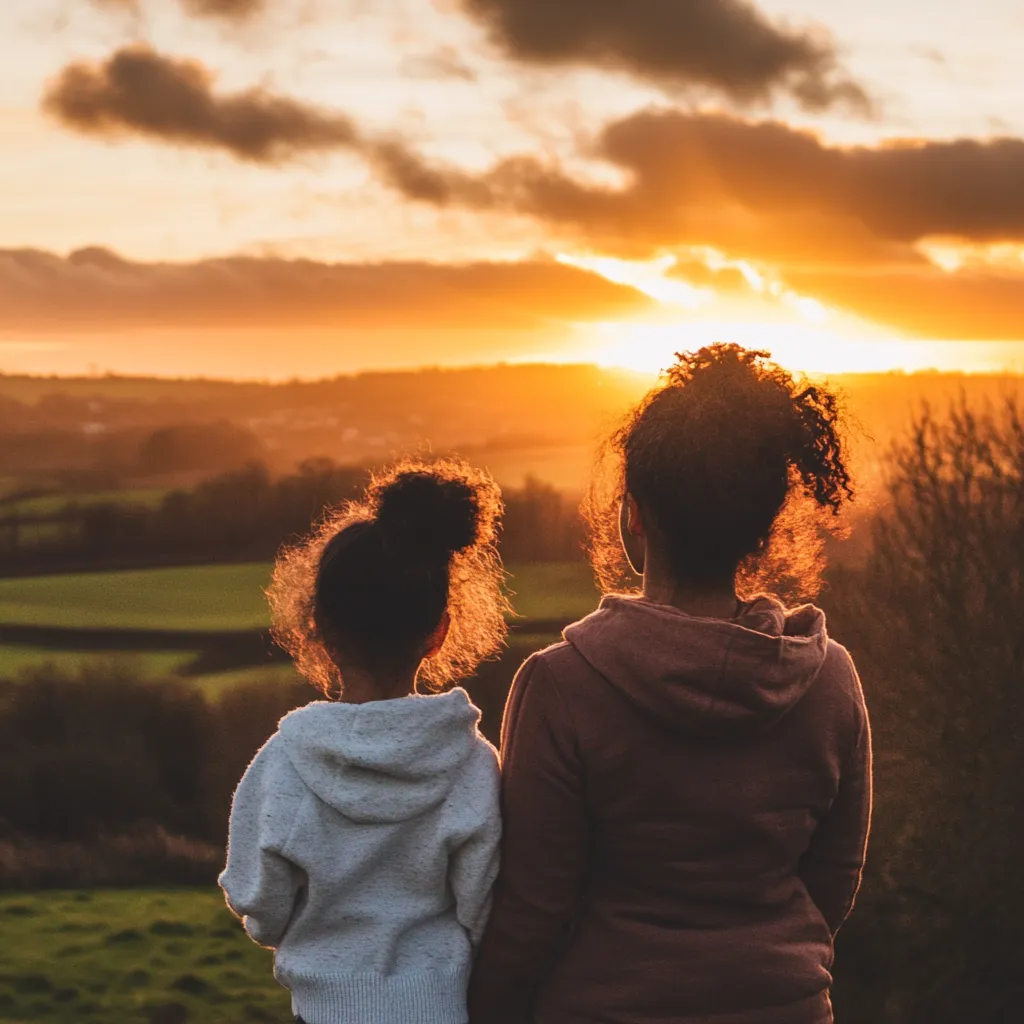 a mother and daughter watching a stunning sunset together