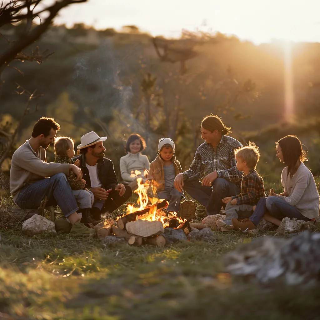 a large family sitting around a campfire