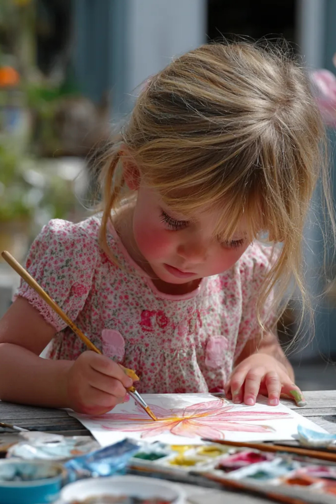 a little girl drawing flowers at a desk