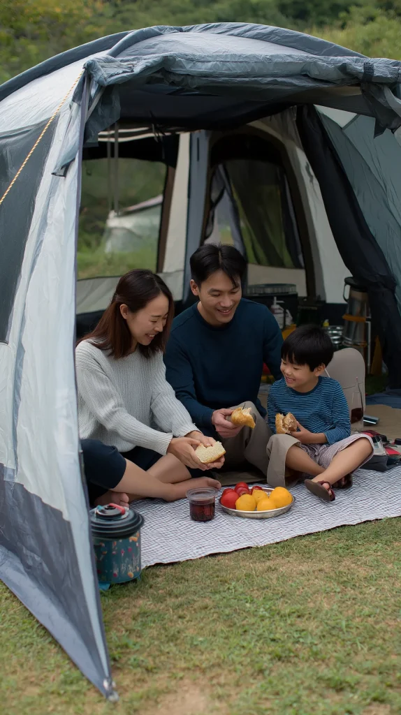 a family of three eating lunch inside a tent