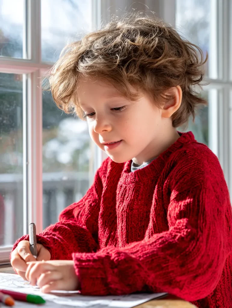 a little boy in a red sweater coloring