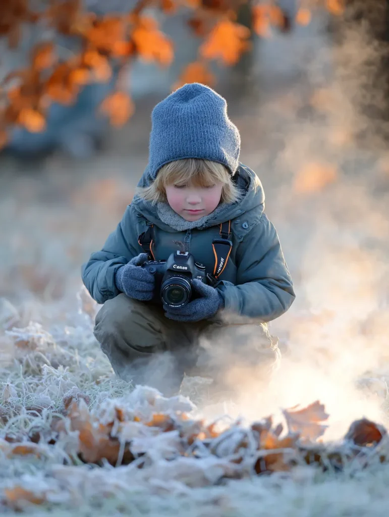 a little bot holding a camera and crouching on a Wintery path