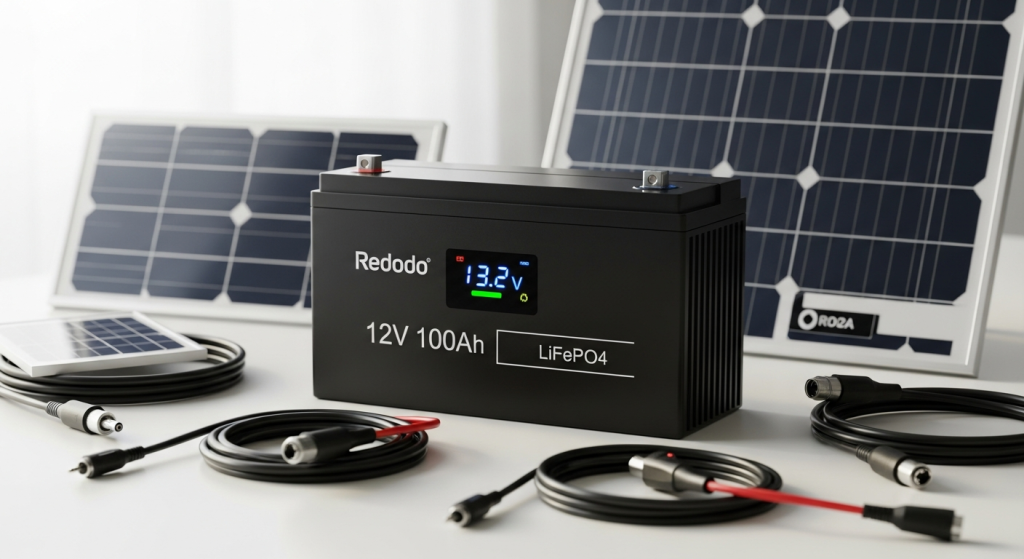 Redodo 12V 100Ah LiFePO4 battery pack displayed on white background showing compact design